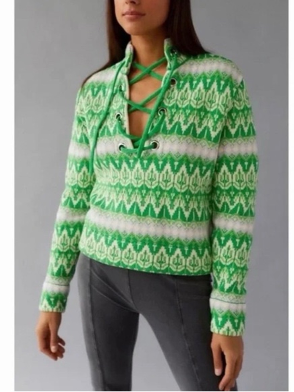 BDG Green and White Lace-Up Patterned Turtleneck Sweater